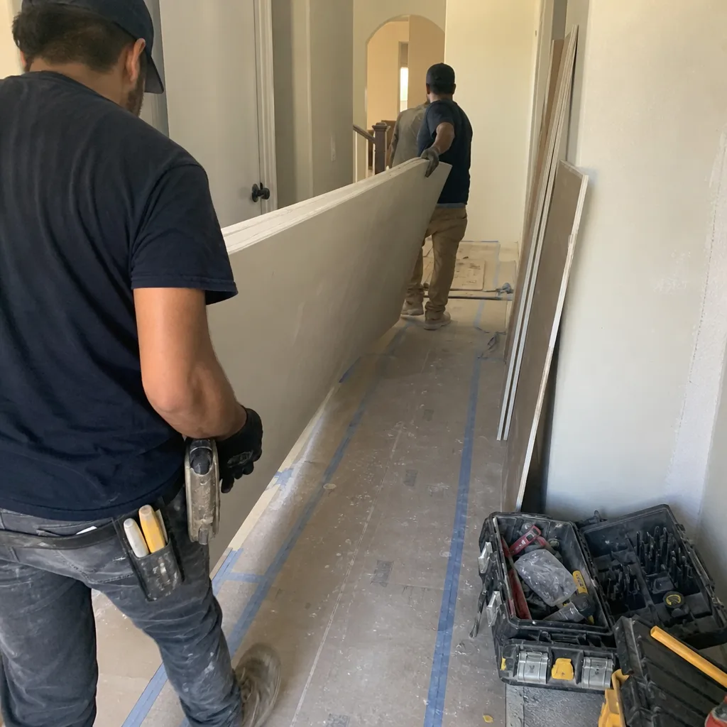General contractors carrying a large sheet of drywall through a hallway