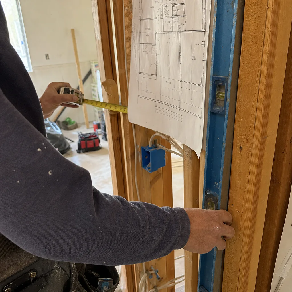 General contractor using a tape measure and level at a construction site