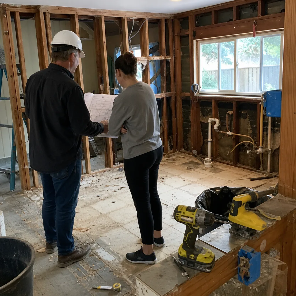 General contractor and client reviewing blueprints in an under-construction home