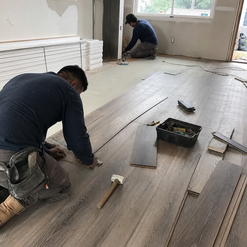 Contractors installing professional wood laminate flooring in a home renovation project