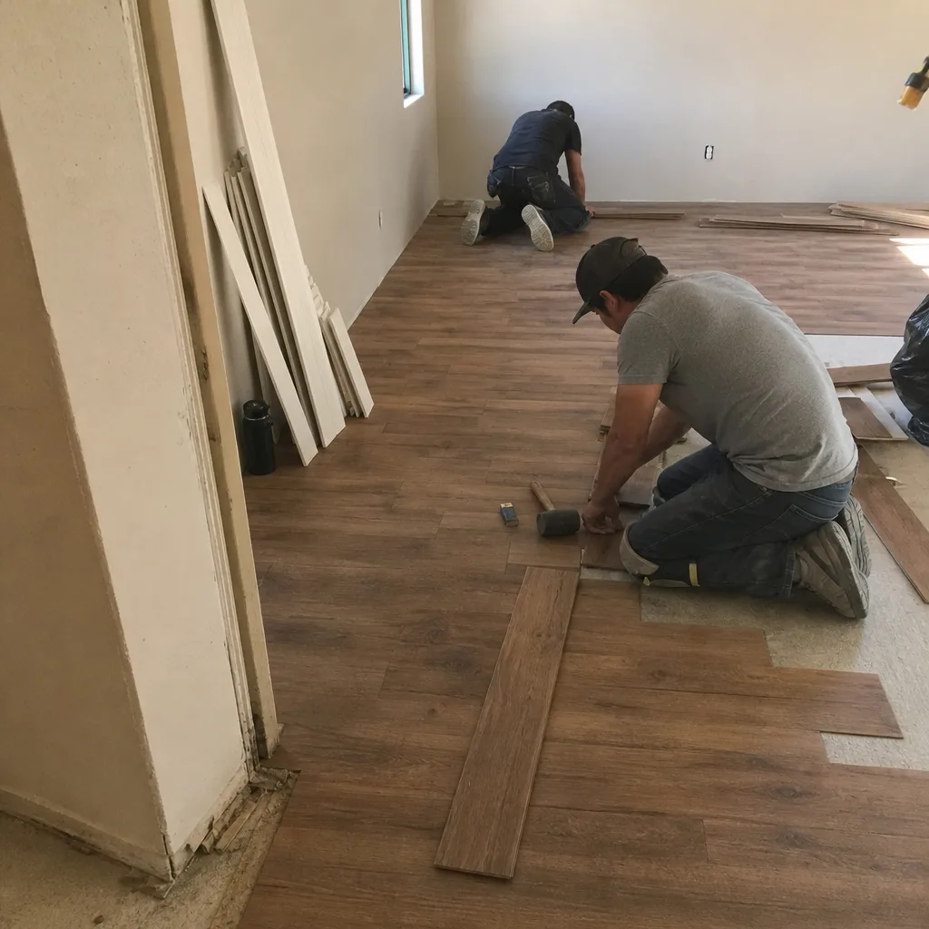 Two professional contractors installing wood plank flooring in a home remodel