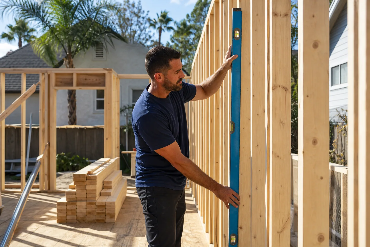 A framer checking new wall framing on a home addition