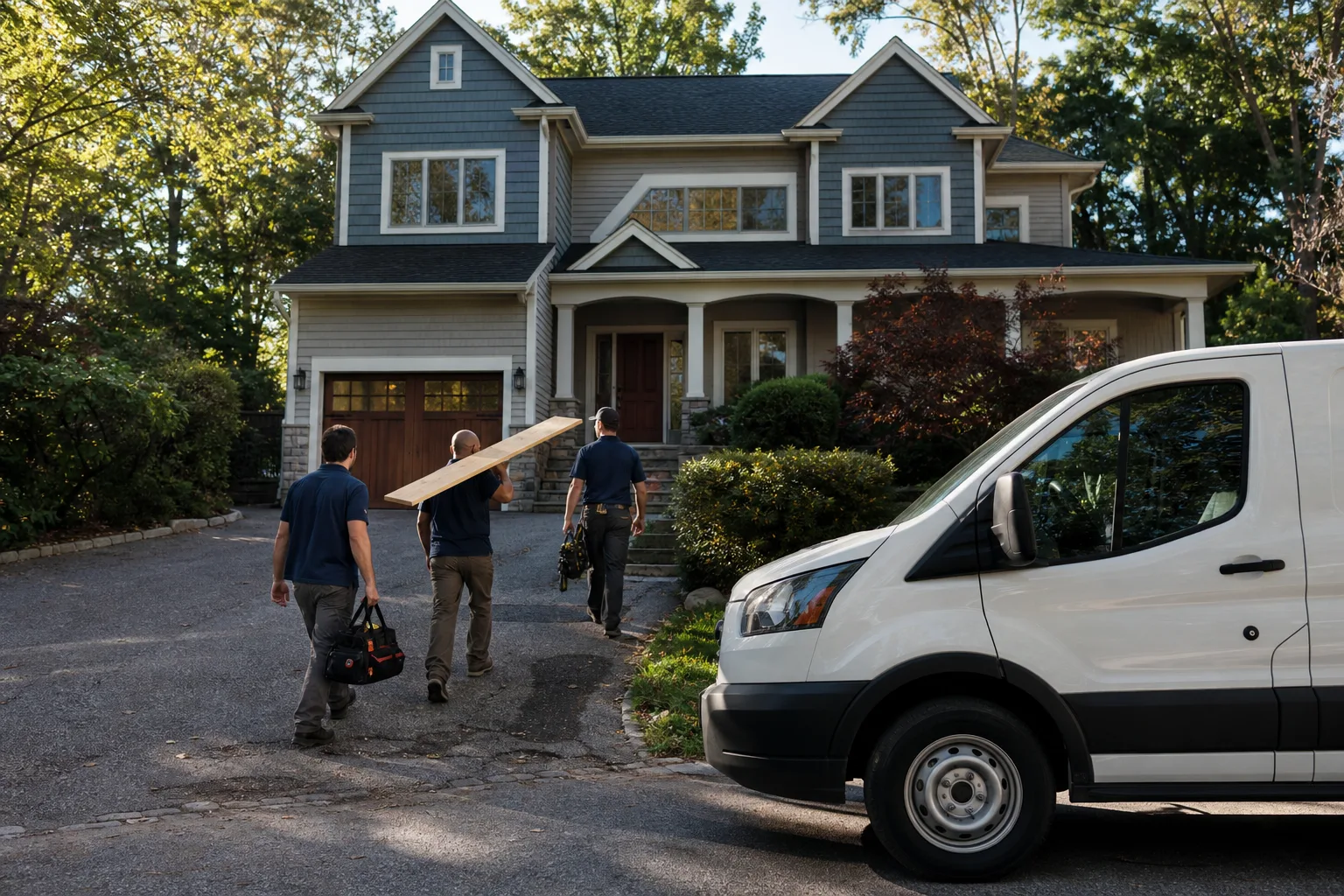 A remodeling crew arriving at a home with lumber and tools